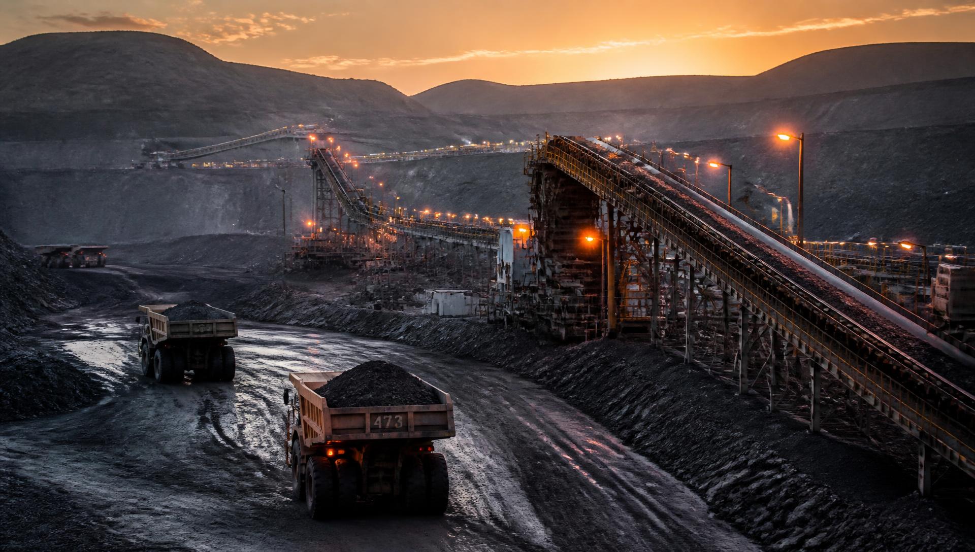Open-pit mining operation with haul trucks and conveyor infrastructure at dusk in South Africa